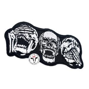 Three Skull Iron On Patch Biker Embroidered Black Skeleton Small Iron-On New